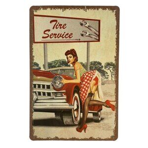 VTG Retro “Tire Service” Polka Dot PinUp Girl Metal Sign
